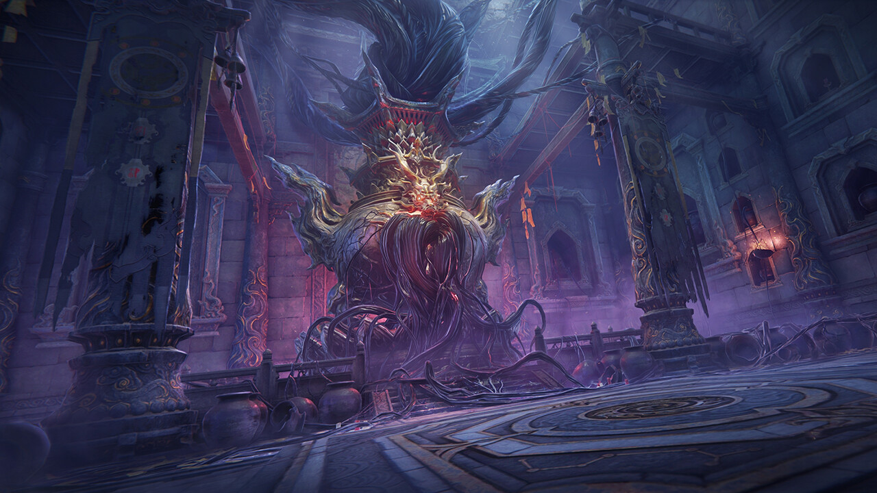 A massive eldritch creature enthroned in NARAKA: BLADEPOINT's dark gothic boss arena — the kind of encounter where having a reliable squadmate, human or AI, changes the outcome entirely