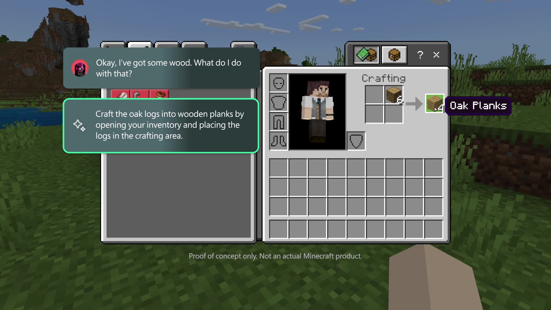 Xbox Gaming Copilot proof-of-concept demo showing an AI overlay in Minecraft guiding a player to craft oak planks — labeled "proof of concept only, not an actual Minecraft product" — illustrating Tier 2's observe-and-advise architecture
