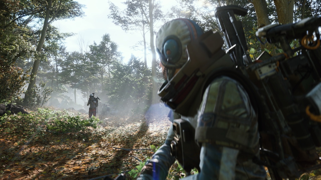 Two raiders crossing paths with weapons raised in sunlit autumn woods on Topside in Arc Raiders