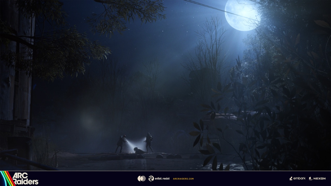 Raiders scavenging during a night raid in the Rust Belt, searching for ARC materials