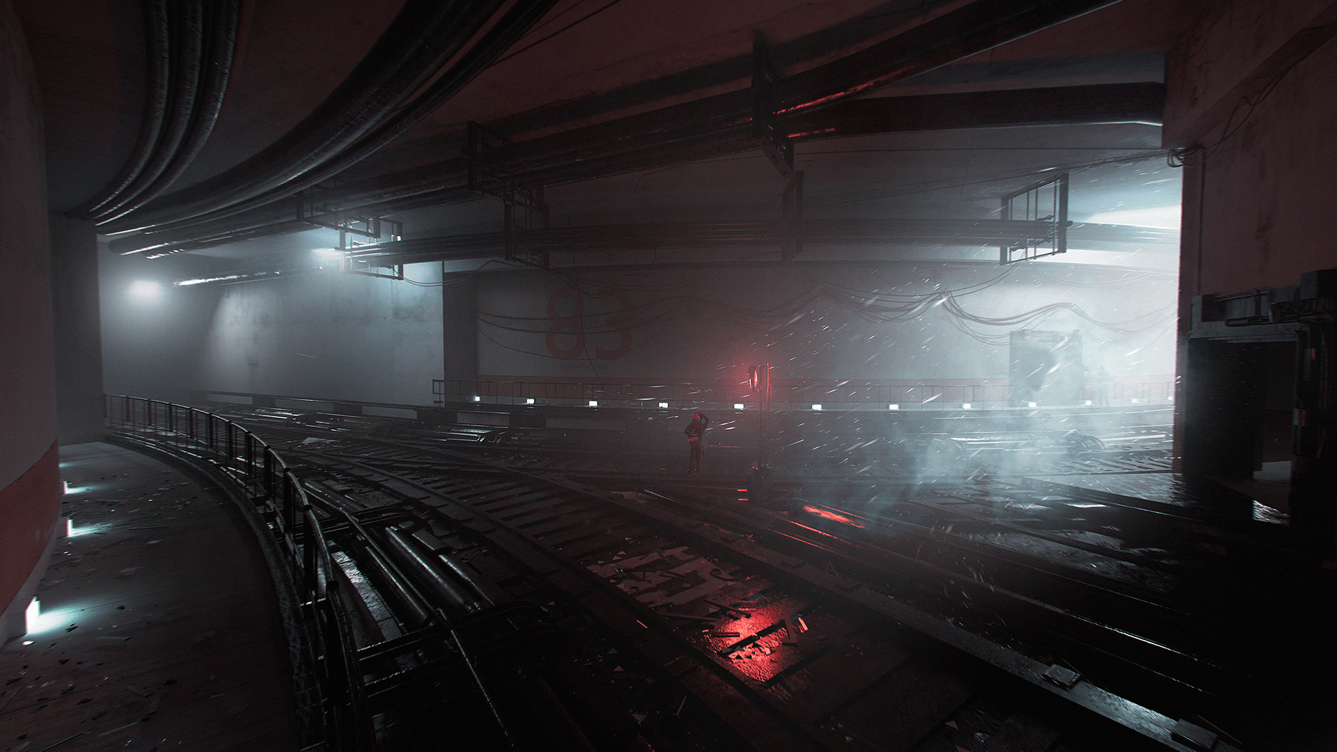 A colossal ARC machine stalking through a dark industrial hangar bathed in red emergency lighting โ the machines went from targets to threats after the reset