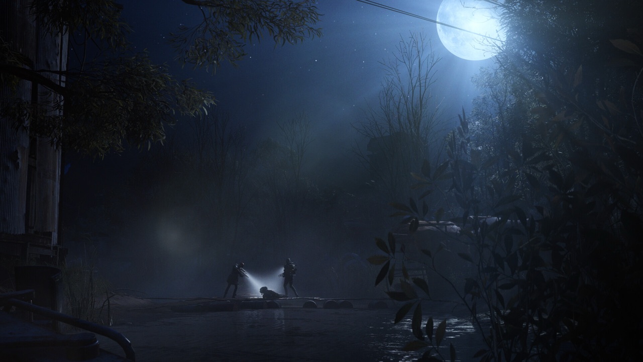 Two raiders crossing a moonlit swamp at night under a full moon in Arc Raiders