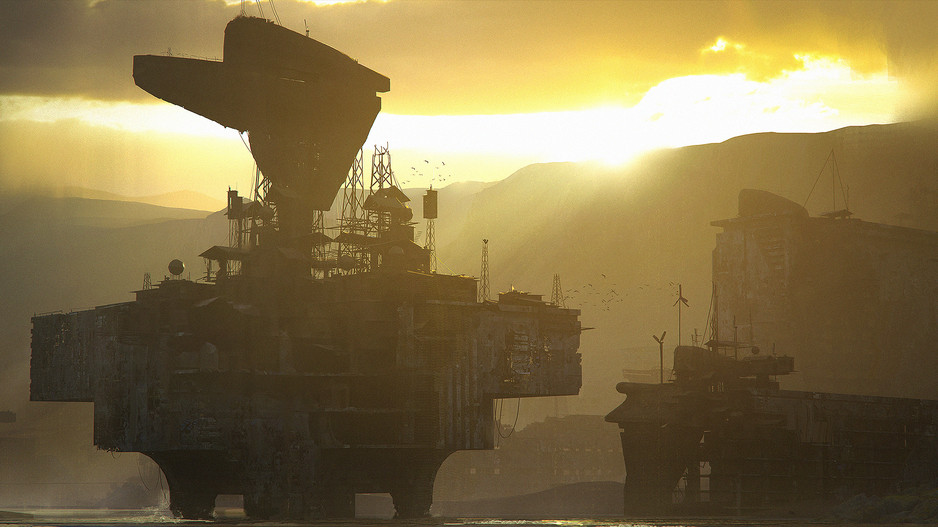 A massive industrial settlement with satellite dish towers silhouetted against a golden sunset โ the scale of Arc Raiders' post-apocalyptic world
