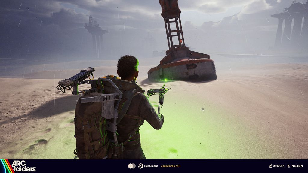 Beachcombing condition active — player sweeping sand with Dockmaster's Detector on the Panorama Azzurro beachfront