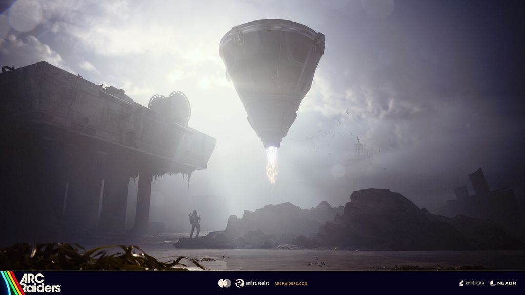 ARC Turbine aerial boss casting a wide shadow over the Riven Tides coastline in Arc Raiders