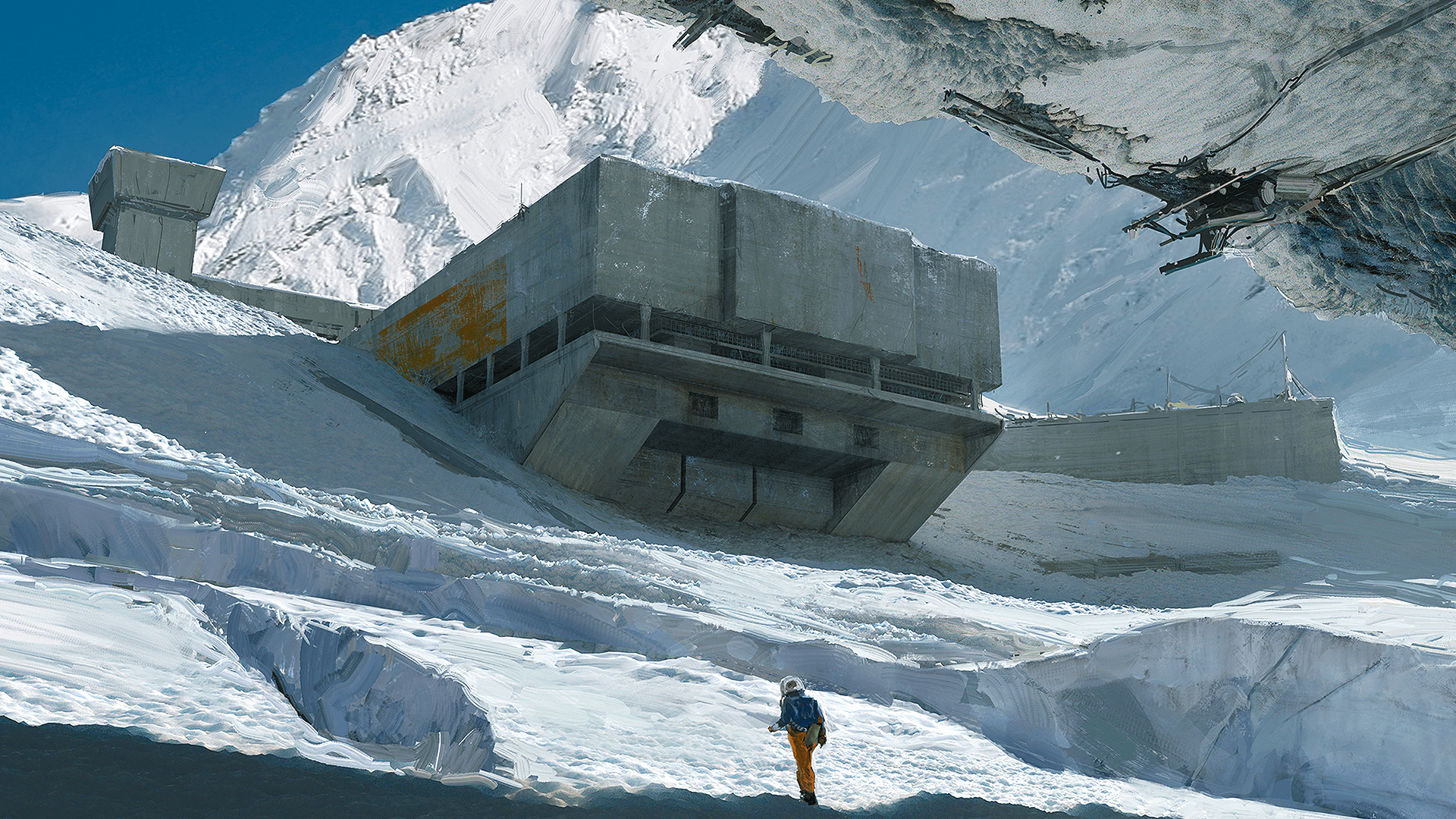 A Raider approaching a massive concrete bunker half-buried in snow-covered mountains โ one of Arc Raiders' striking expedition environments