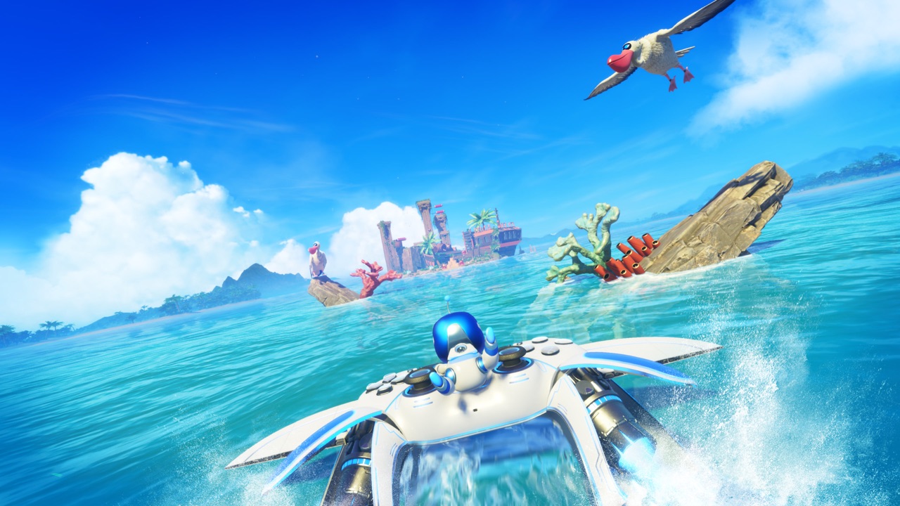 Astro Bot riding a DualSense-shaped speedboat across vibrant tropical waters