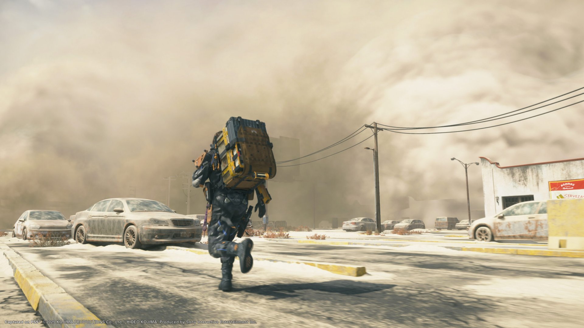 Sam Porter Bridges traversing a storm-ravaged highway in Death Stranding 2: On the Beach