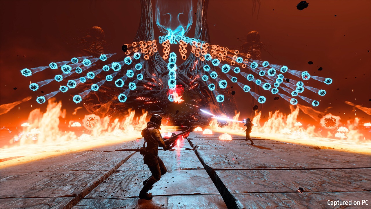 Selene facing a massive winged boss in Returnal's intense bullet-hell combat