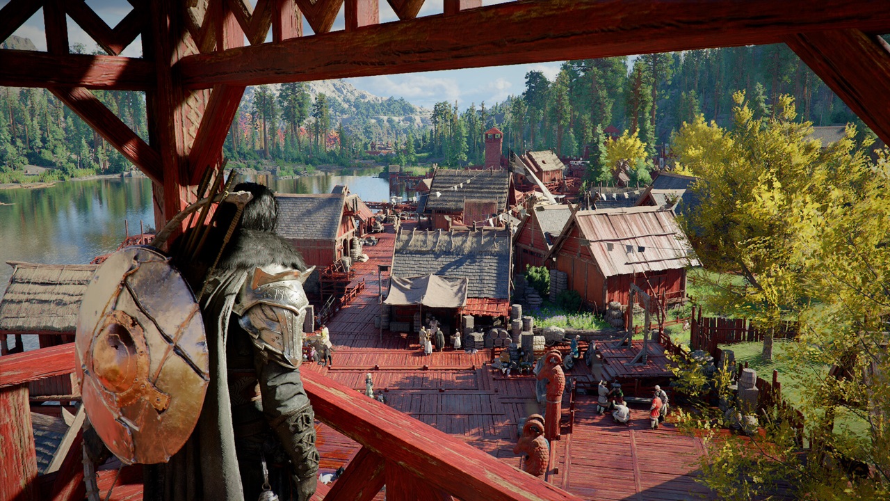 Crimson Desert's protagonist Macduff standing atop a rocky cliff overlooking an expansive medieval fantasy landscape with rolling hills and scattered settlements in golden hour light
