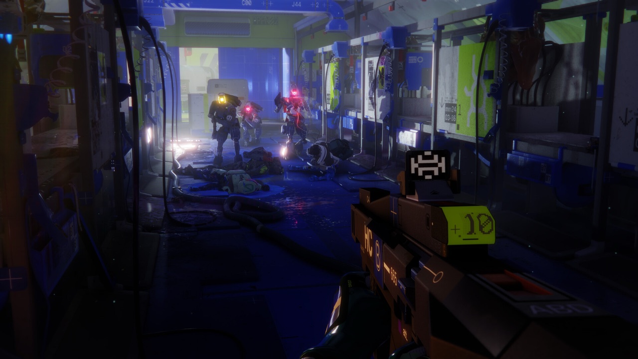 Marathon's Cryo Archive raid entry point — a massive frozen structure with neon lighting and three Runners in full gear preparing to enter in a pre-raid staging area