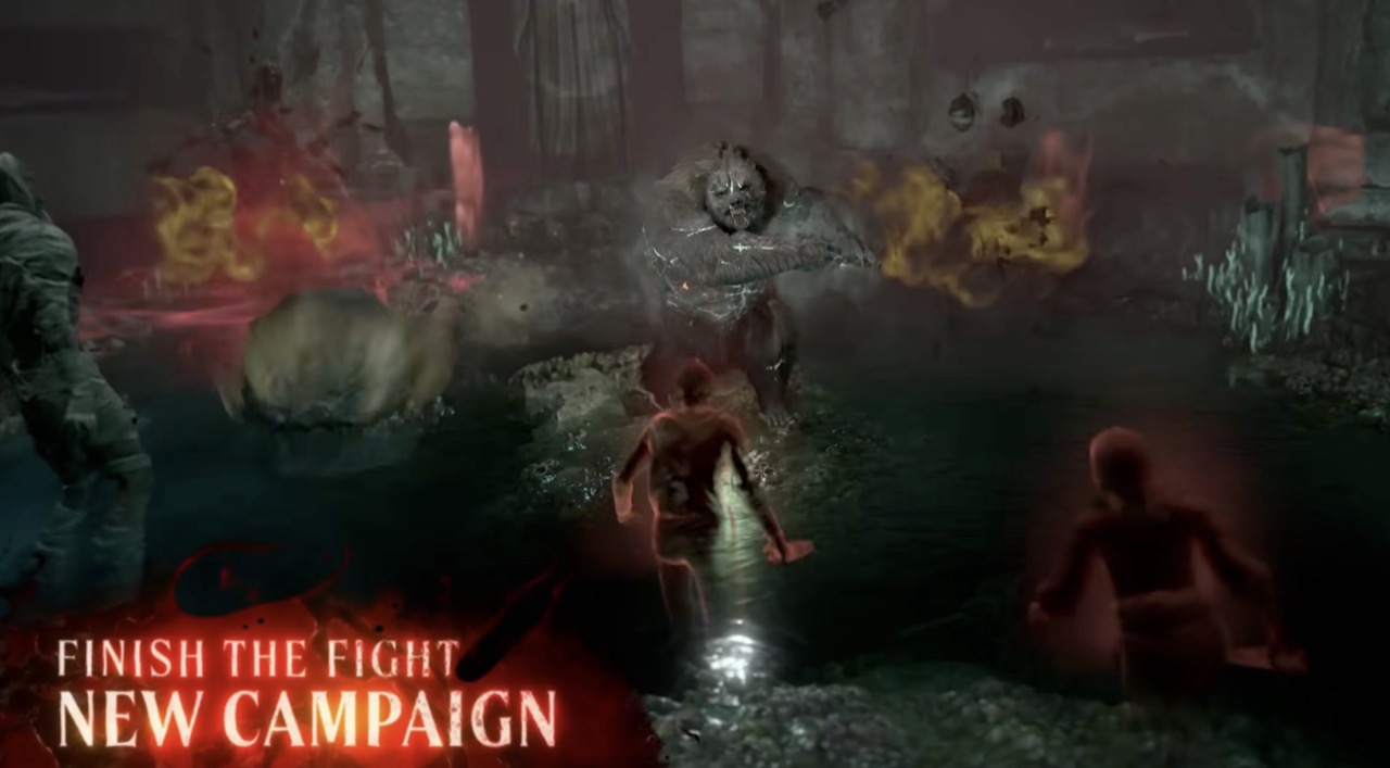 Lord of Hatred launch trailer still: a glowing stone demon charges through a flooded dungeon toward the player, fire exploding on both sides — the "FINISH THE FIGHT — NEW CAMPAIGN" text confirms a full story continuation