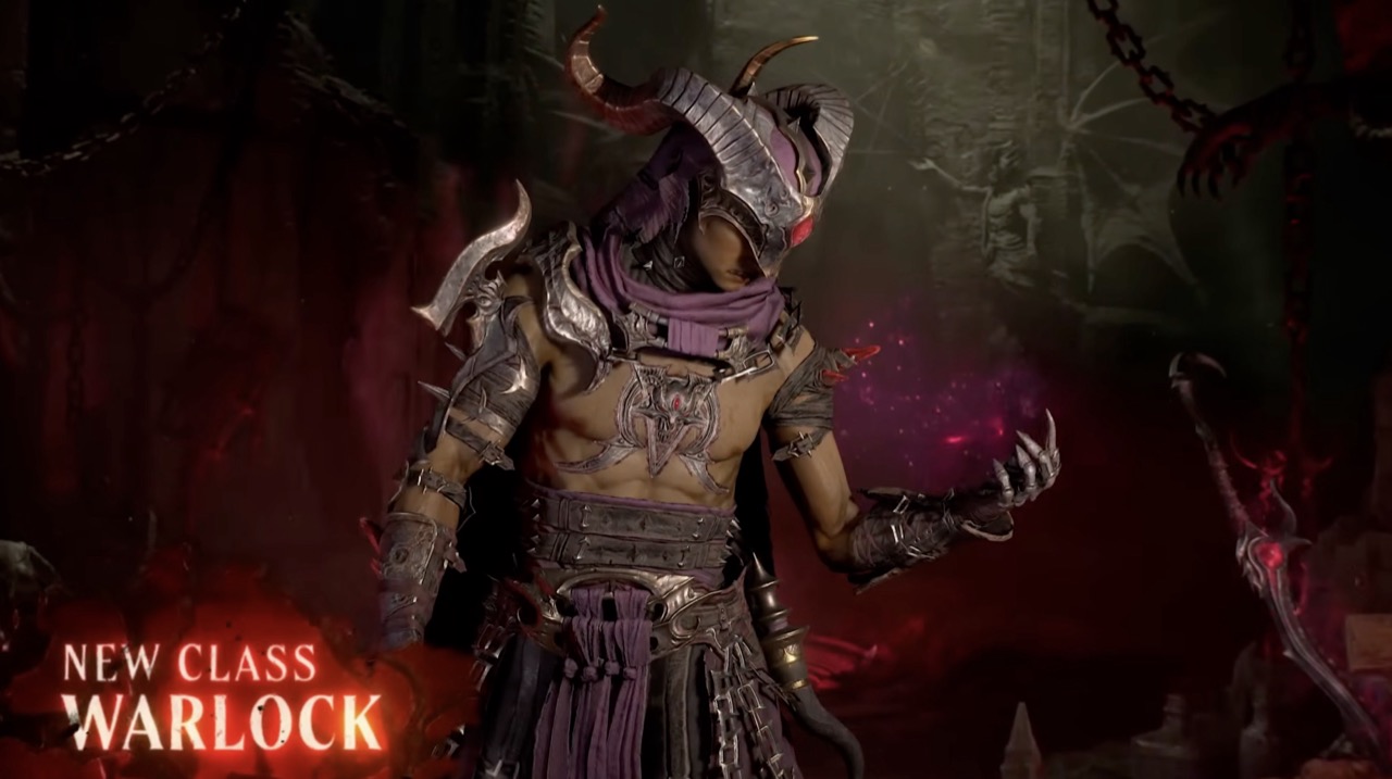 The Warlock class reveal from the official launch trailer — horned armour, purple wrappings, demonic sigil on the chest, clawed gauntlet crackling with infernal energy. "NEW CLASS: WARLOCK" confirms this isn't a Necromancer reskin