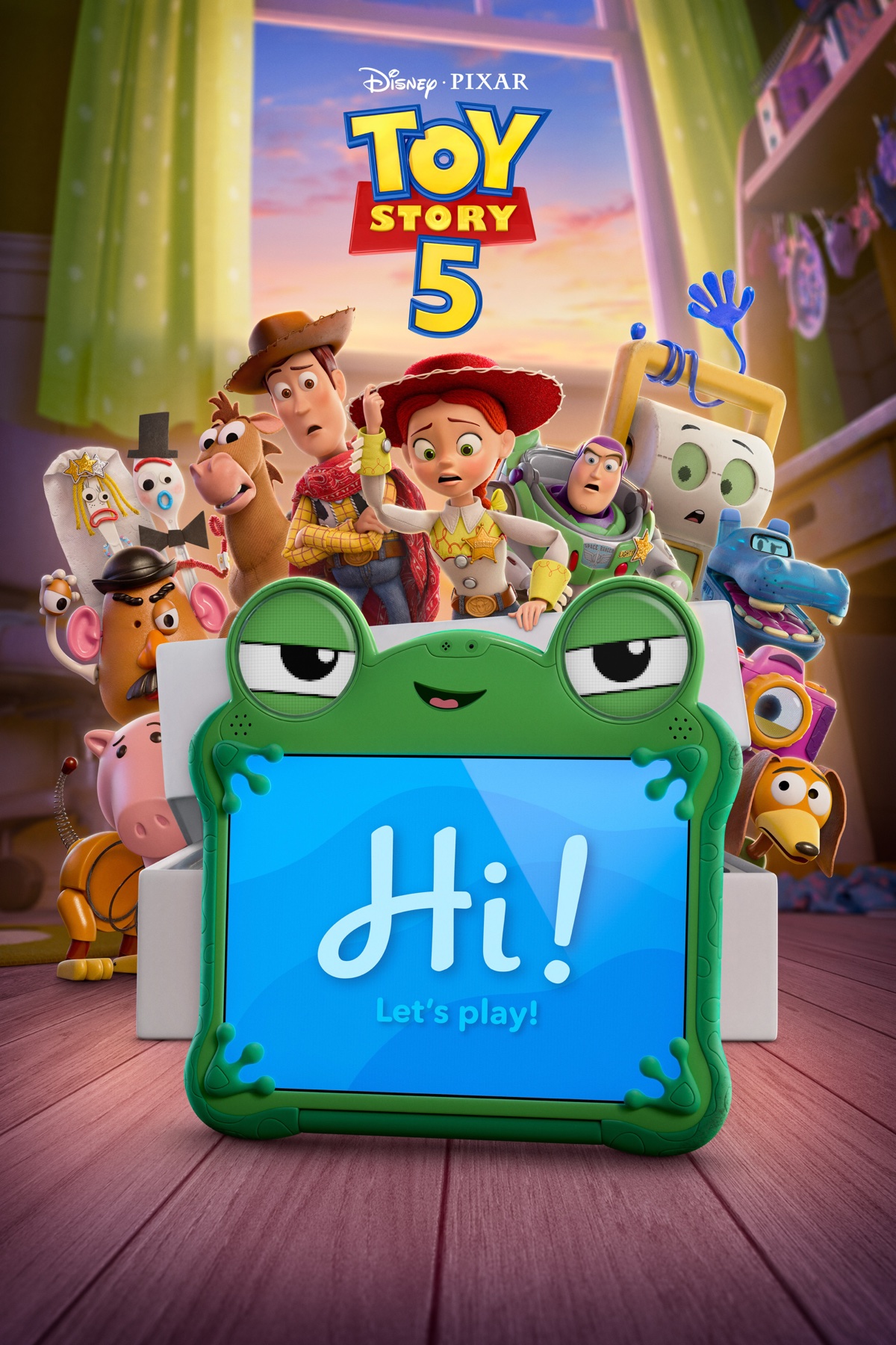 Toy Story 5 official poster featuring Woody, Buzz Lightyear, and the gang facing off against new tech-savvy threats