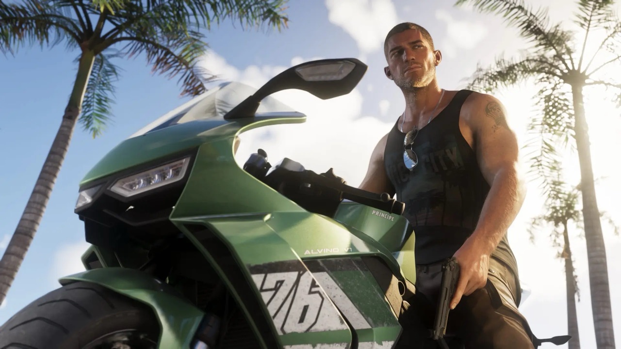 Jason Duval leaning against a green Principe Alvino V1 sport bike under palm trees in Grand Theft Auto VI, wearing a Vice City tank top and holding a pistol