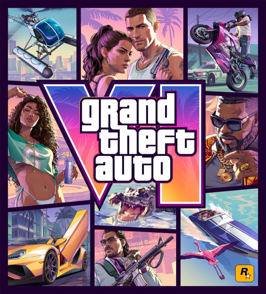 The official Grand Theft Auto VI key art, a multi-panel collage of Leonida scenes with Lucia and Jason at the centre in Rockstar's pink and orange palette
