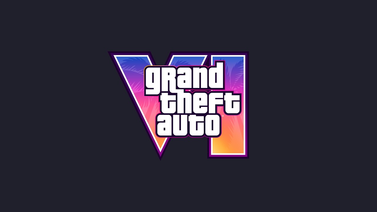 The Grand Theft Auto VI logo in pink, purple and orange gradient with palm tree silhouettes inside the lettering, set against a dark background