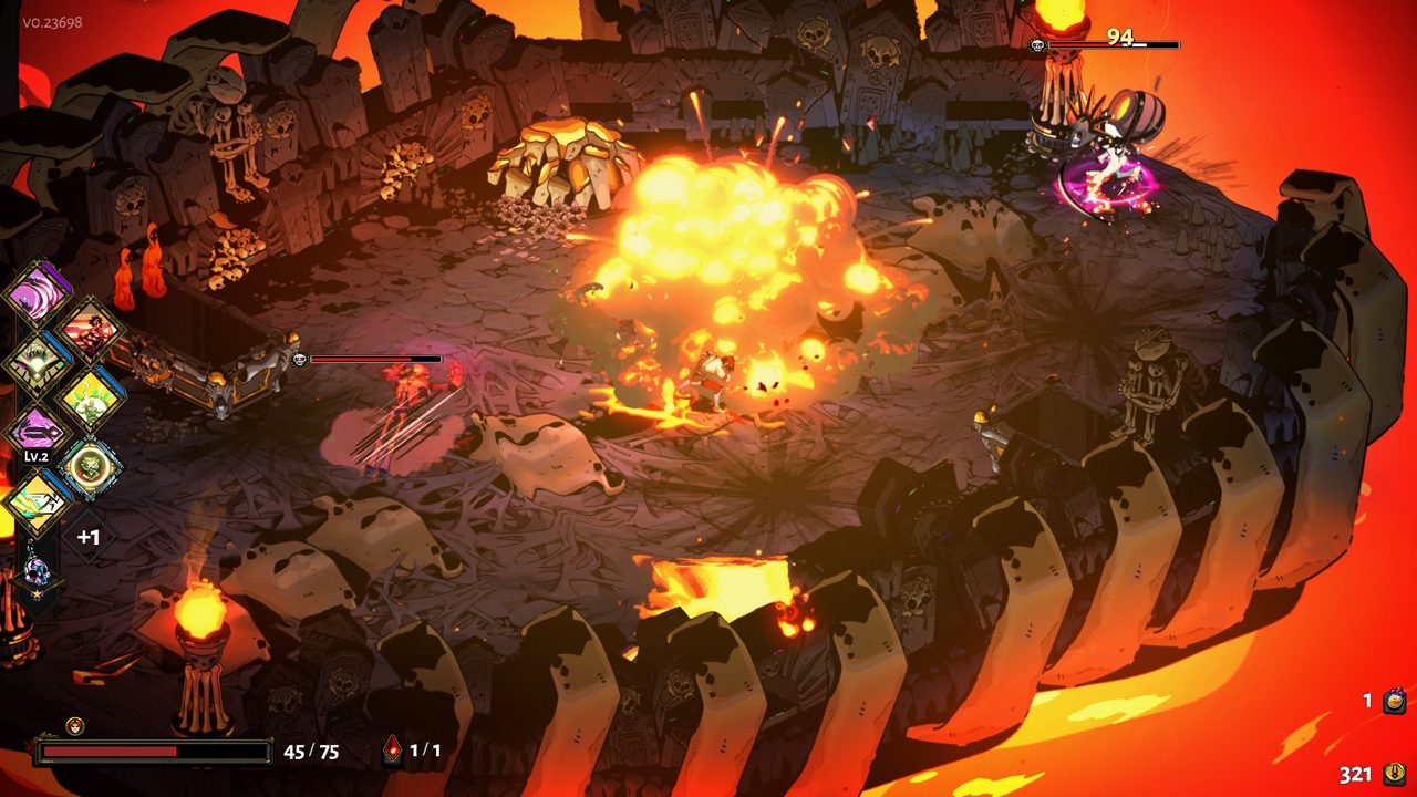 Zagreus fighting skeleton enemies in Asphodel — the volcanic second biome of Hades, drenched in deep orange and red