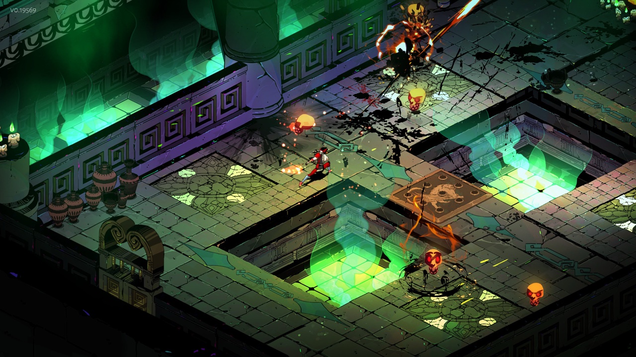 Zagreus navigating the green-lit corridors of Tartarus in Hades, with enemies closing in from multiple directions