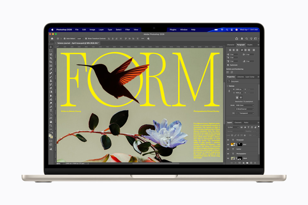 The MacBook Air M5 in Starlight running Adobe Photoshop 2026, demonstrating the M5 chip's ability to handle professional creative workloads on its Liquid Retina display