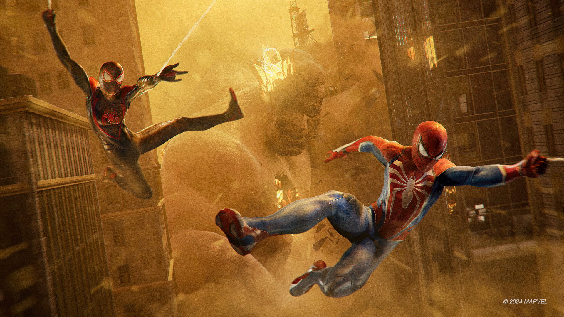 Peter Parker in the red-and-blue suit and Miles Morales in the black-and-red suit web-swinging side by side past a towering sand-formed Sandman in a dust-choked city street