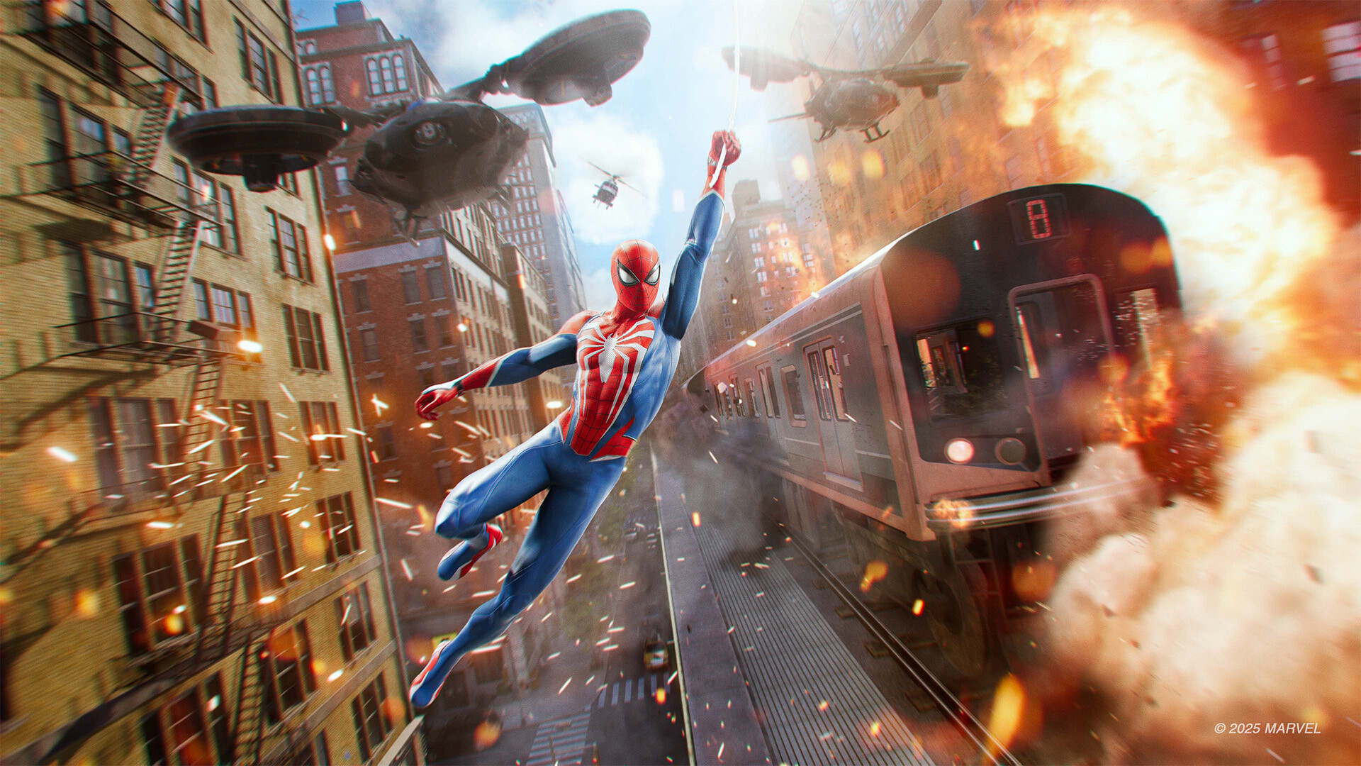Spider-Man web-swinging down a city street as an elevated subway train erupts in a fireball overhead with combat drones swarming the sky