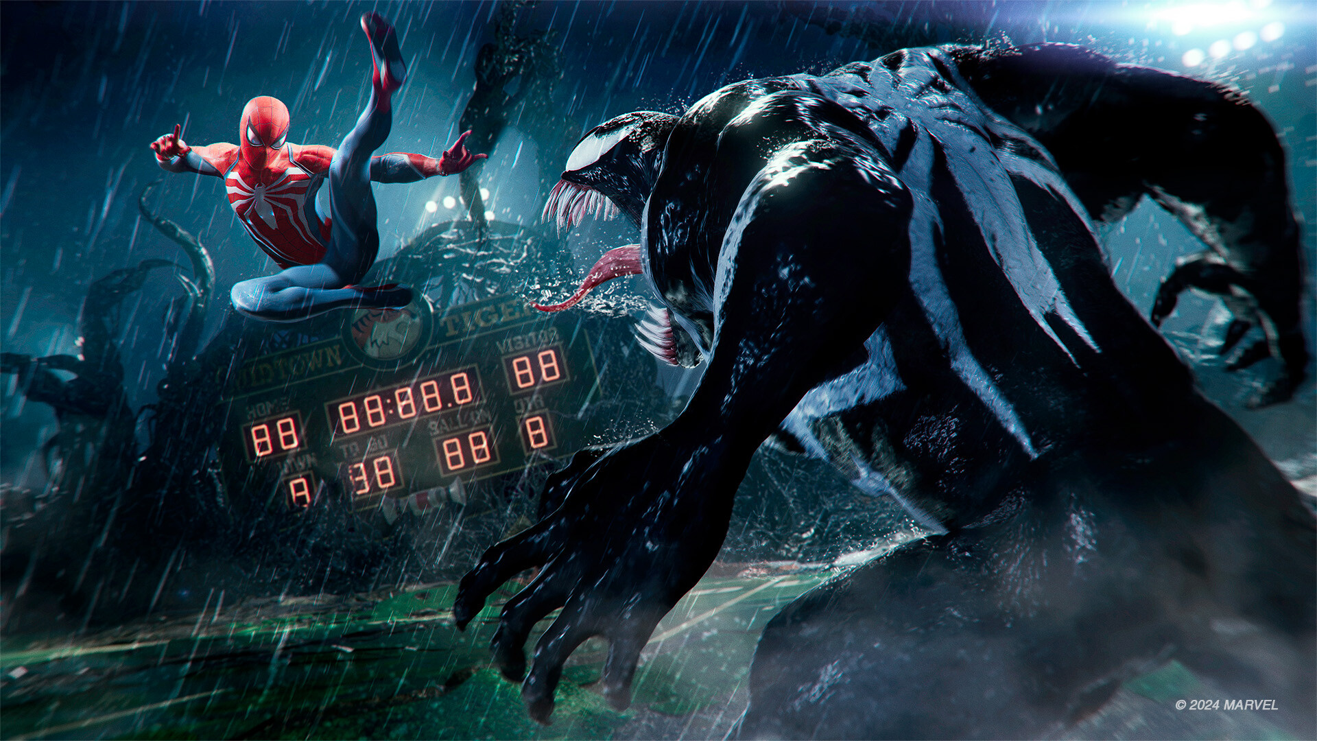 Spider-Man in the blue suit leaping toward a massive hulking Venom under heavy rain at a baseball stadium, the glowing scoreboard lighting up the night