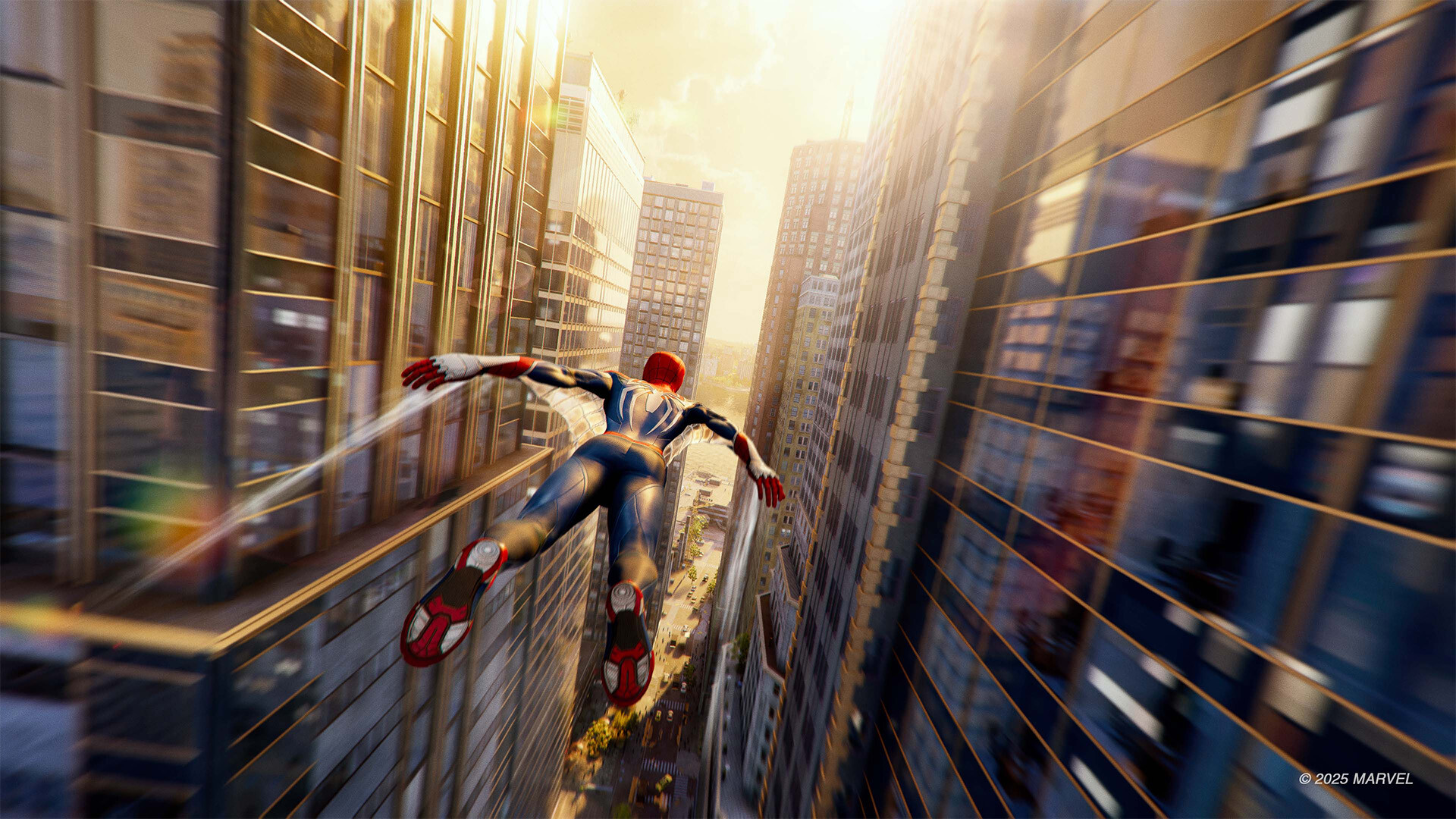 Spider-Man in the white-and-black Advanced suit gliding face-down between two rows of mirrored skyscrapers with the Web Wings spread, sun blazing ahead