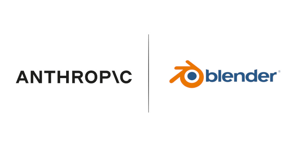 Anthropic and Blender logos side by side — Anthropic's April 2026 corporate partnership with the Blender Development Fund, representing the official integration Autodesk's Maya pipeline still lacks after three years