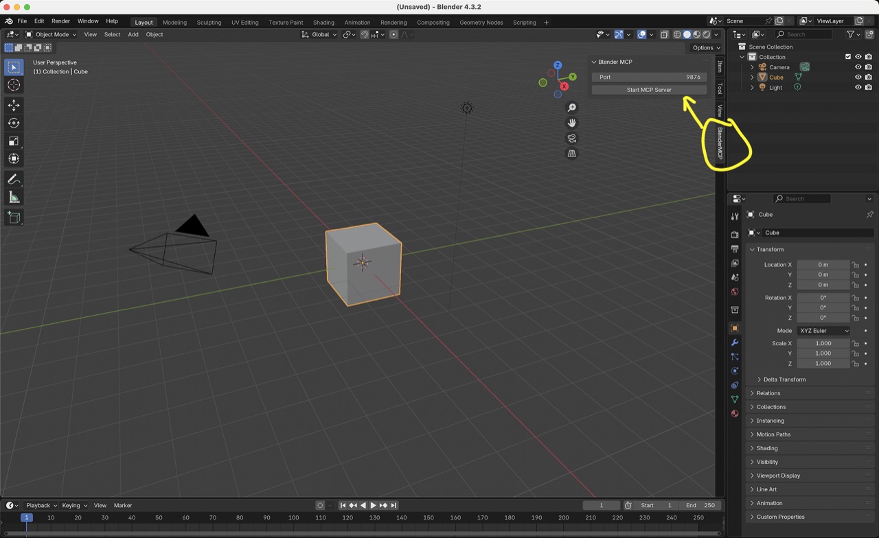 MCP server terminal output showing natural language commands executing as bpy Python calls inside Blender, with object hierarchy visible in the outliner panel