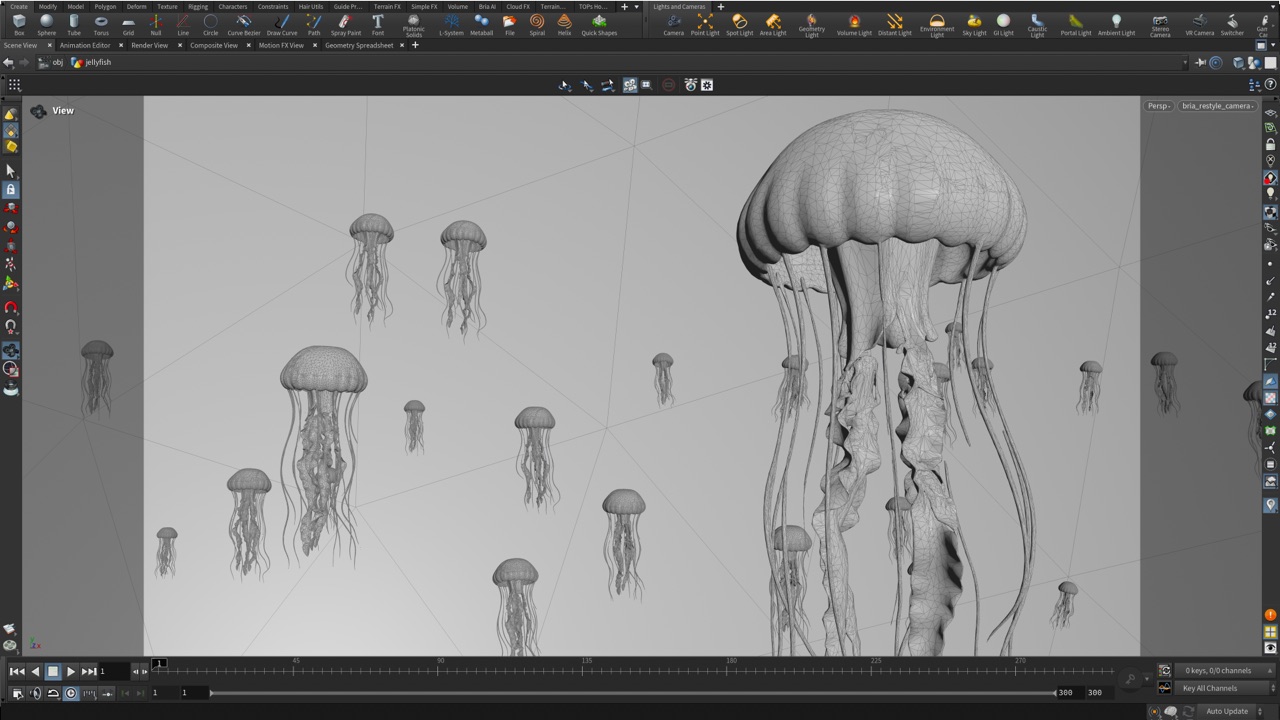 Houdini viewport showing wireframe geometry of jellyfish models — the kind of clean mesh topology and proper edge-loop structure that production pipelines require before an asset can be rigged or exported