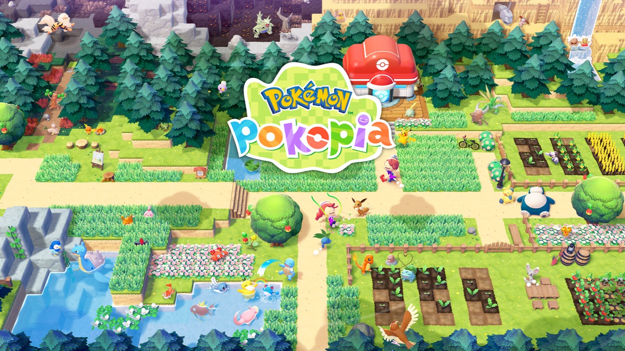 Pokemon Pokopia key art showing an overhead view of a colorful village with Pokemon characters