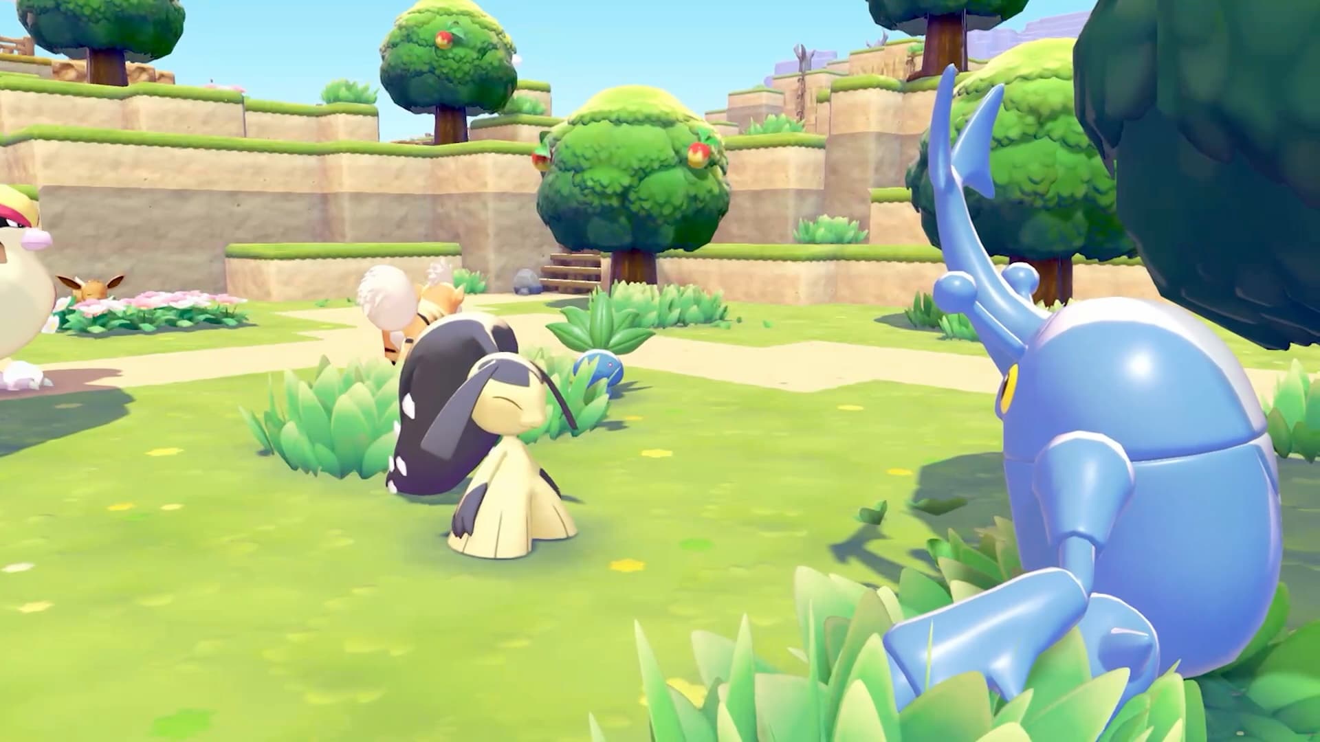 Pokemon Pokopia gameplay showing Pokemon in a lush grassy village with Mawile, Heracross, and Eevee
