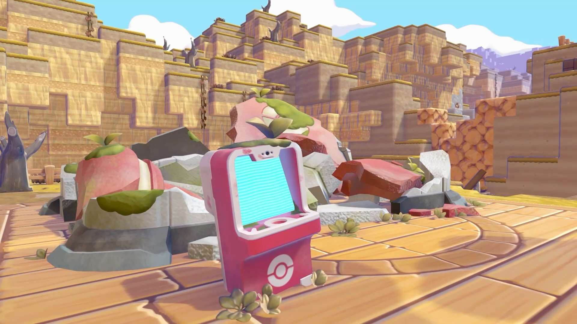 Pokemon Pokopia gameplay screenshot showing the player character exploring a vibrant world
