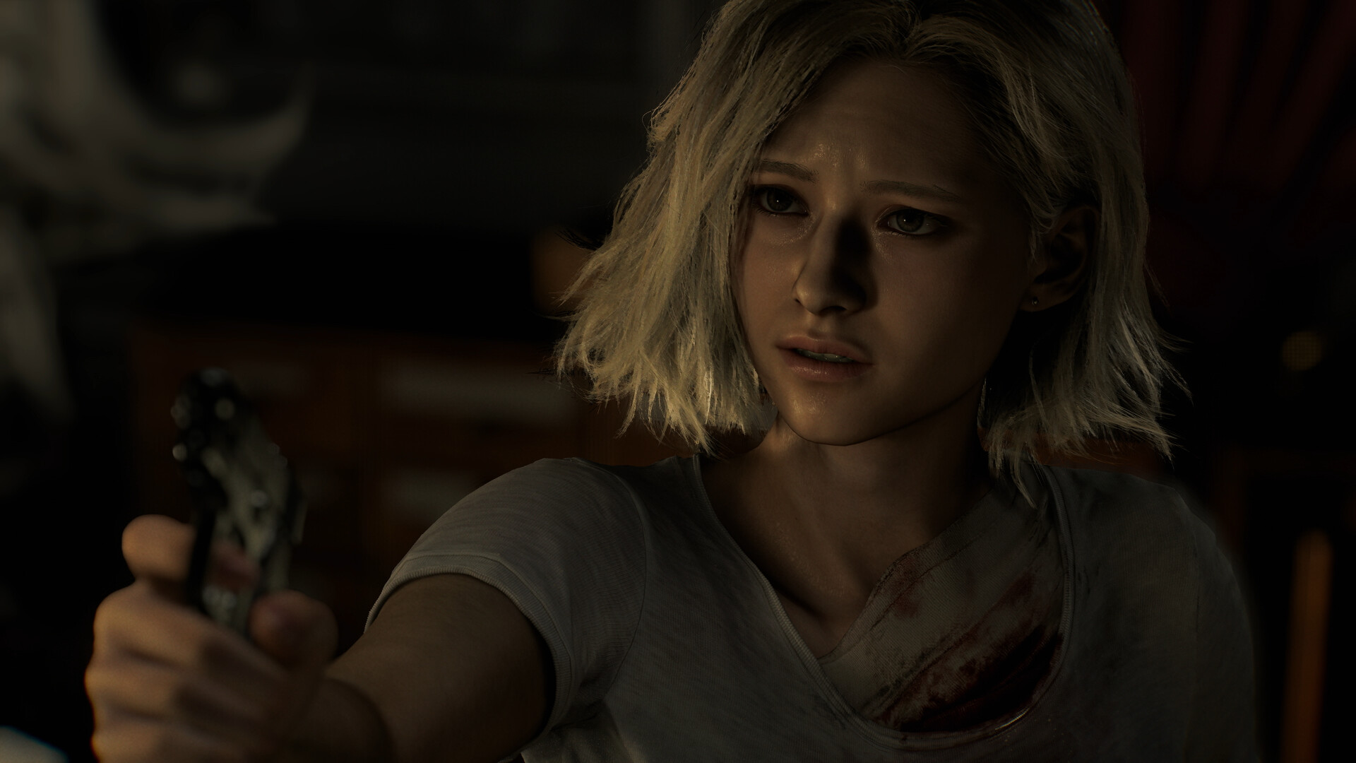 Grace Ashcroft grips a pistol in a dimly lit room, blood staining her shirt — one of Requiem's most tense early moments