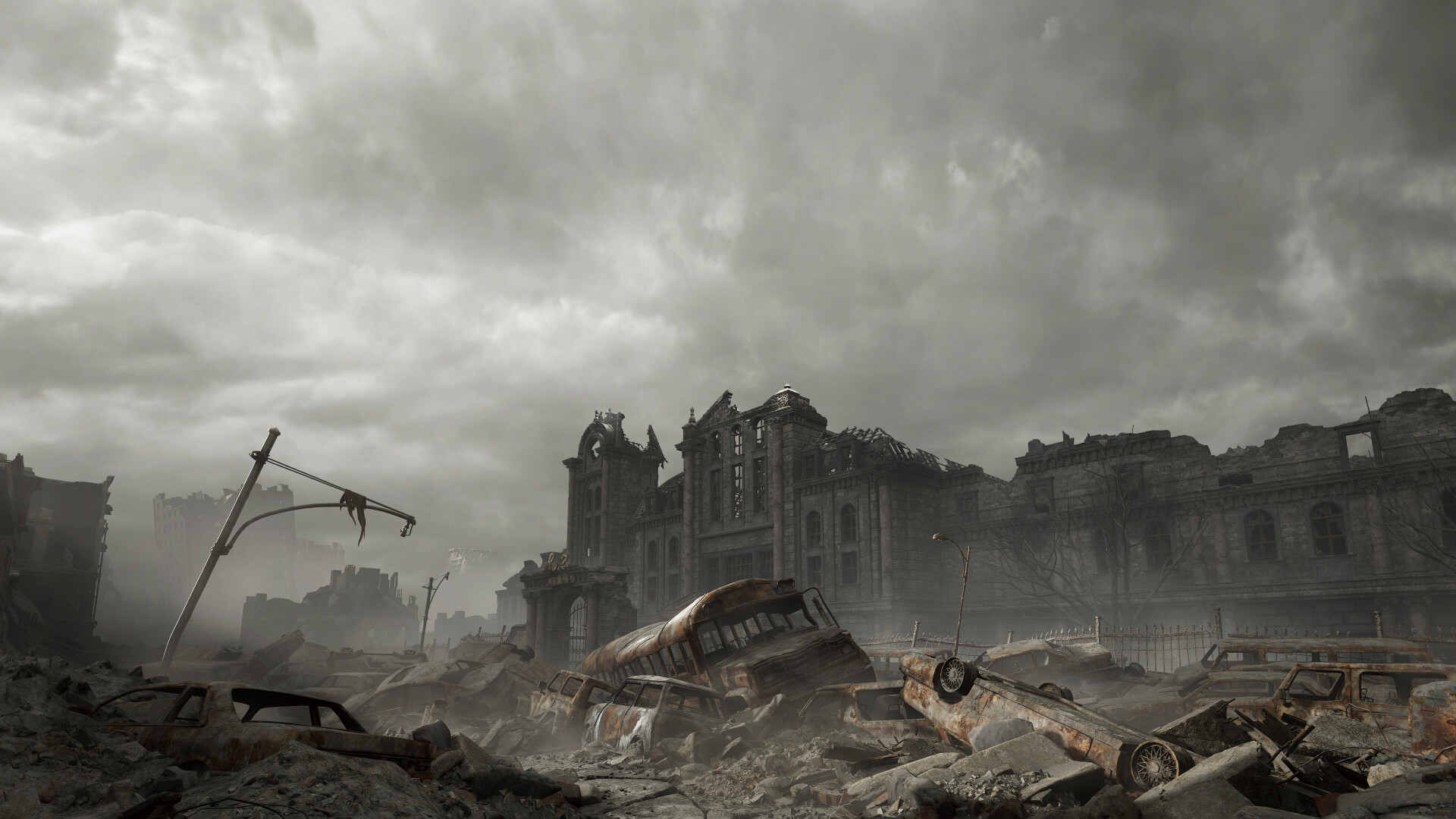 A devastated cityscape with crumbling buildings, wrecked vehicles, and overcast skies — Requiem's environmental detail drew consistent praise from reviewers