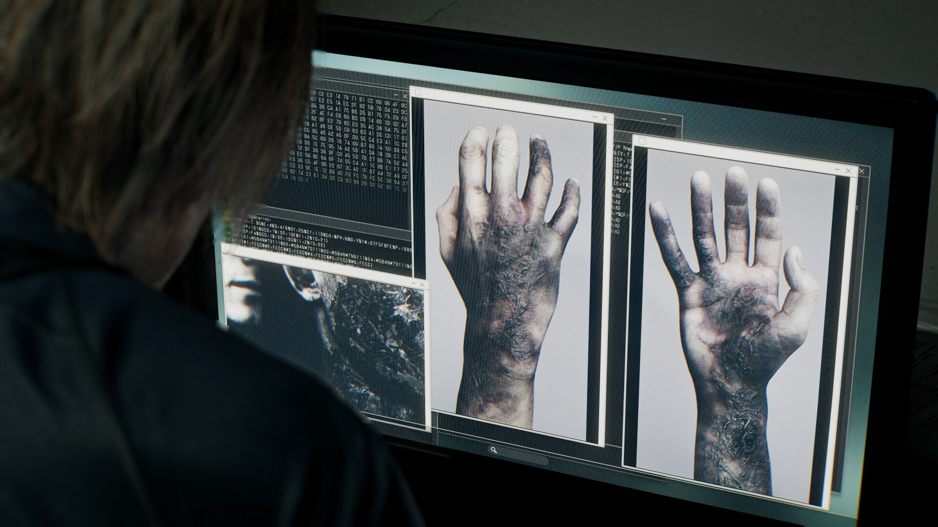 Grace examines forensic photographs of decayed hands on a monitor, showcasing Requiem's FBI investigation sequences