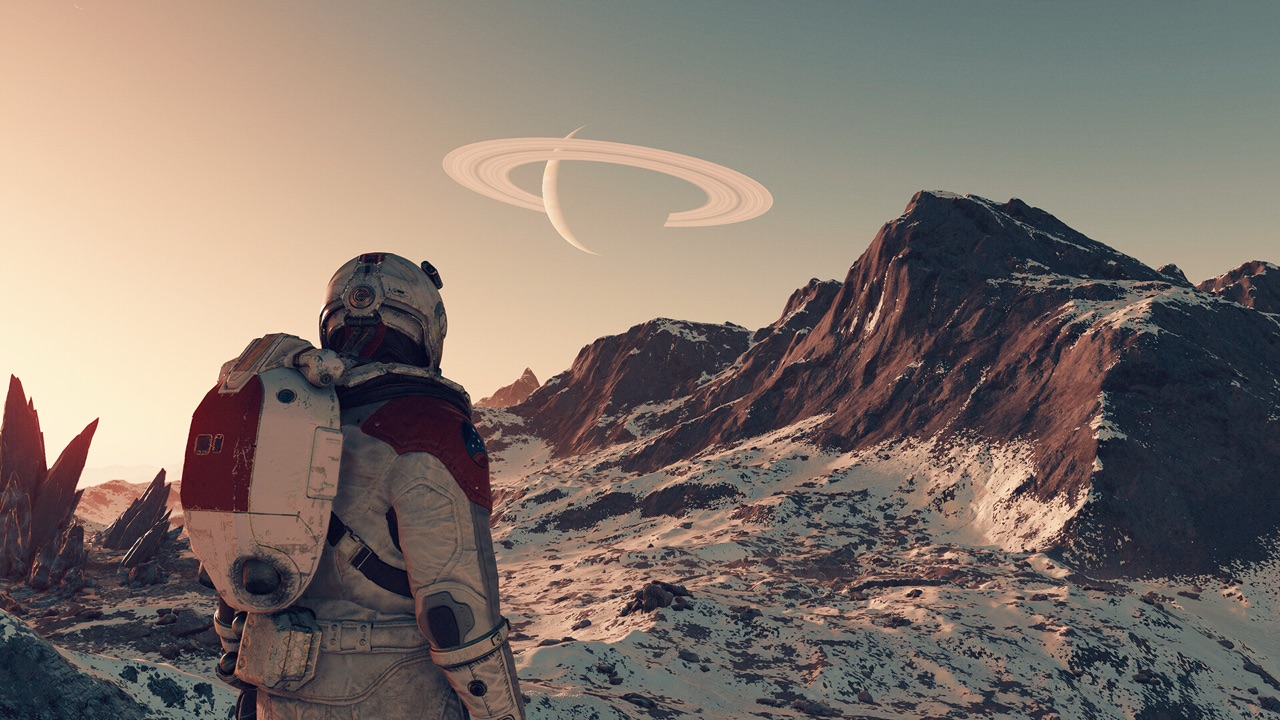 Starfield combat gameplay showing a firefight in a detailed sci-fi environment