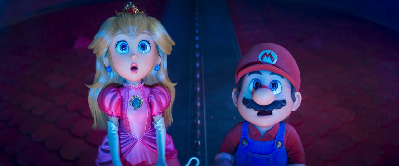 A bright animated scene from The Super Mario Galaxy Movie featuring colorful Mario characters