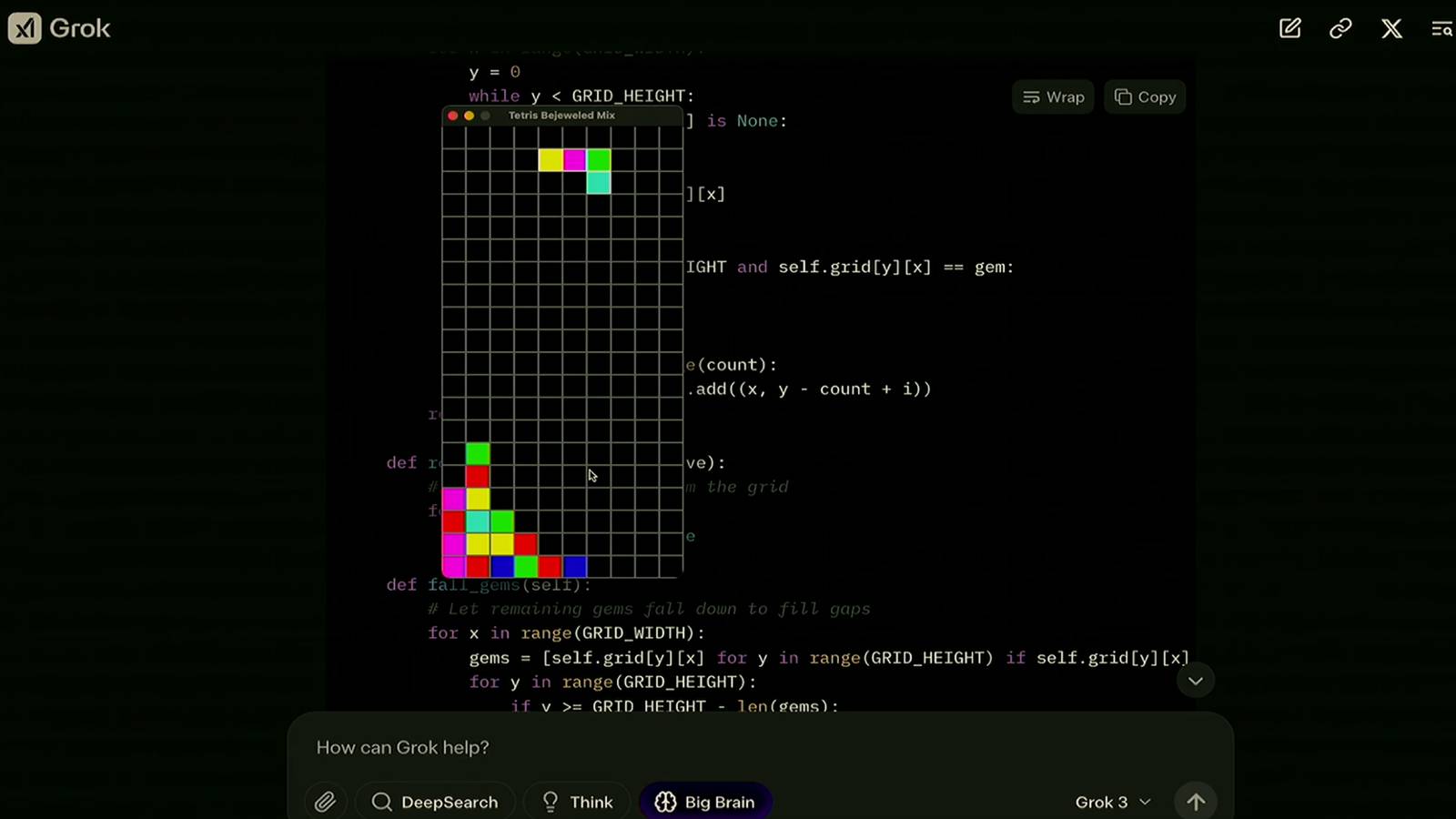 Grok 3 generating a Tetris-Bejeweled hybrid game during xAI's live demo -- functional but far from AAA quality