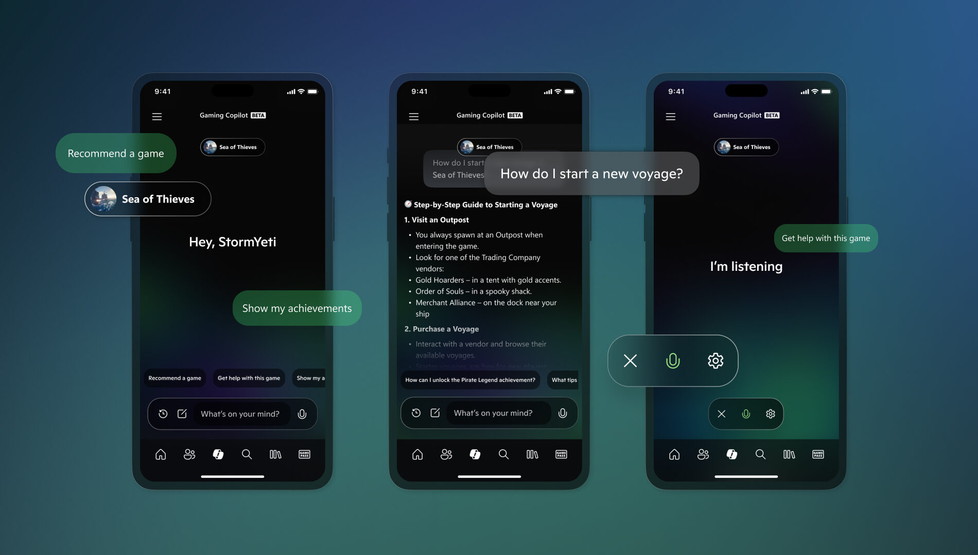 Gaming Copilot on mobile devices, showing the AI assistant experience on Xbox mobile app
